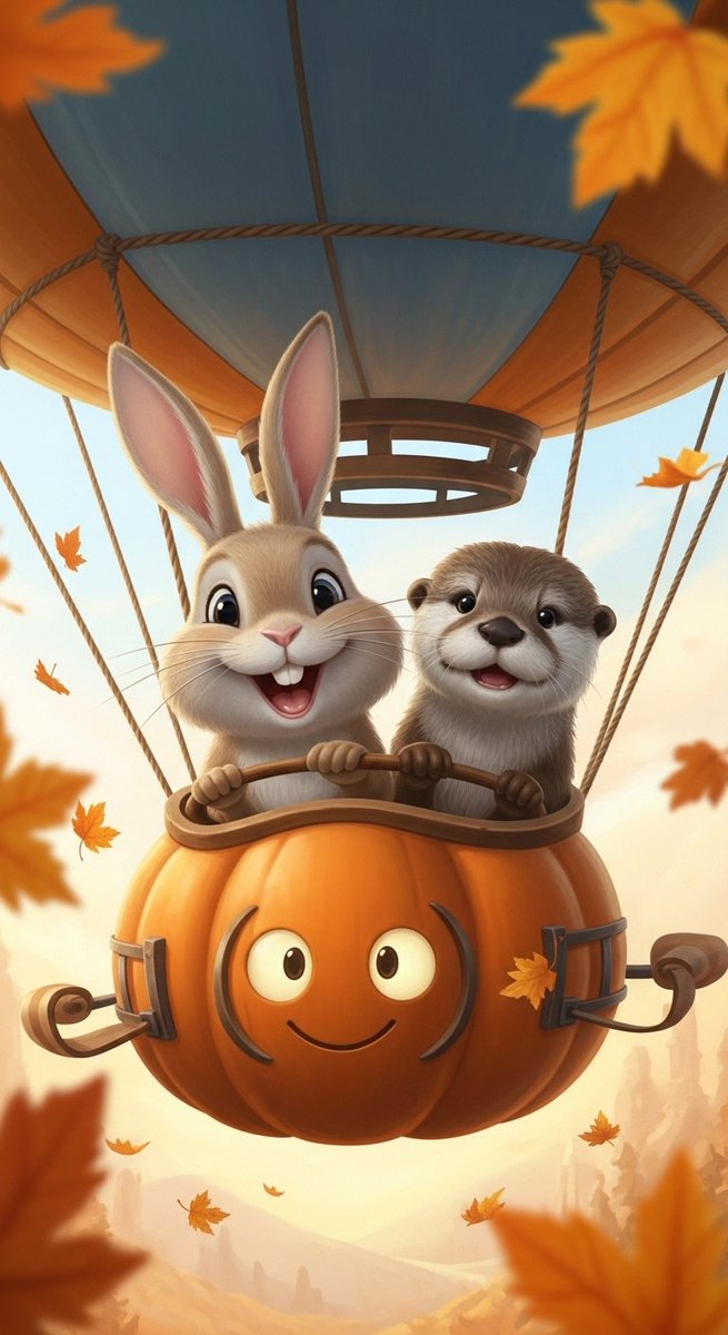 💫ハロウィンシリーズ💫
《🎃かぼちゃの気球No.13》
今日もWAKUWAKU笑顔😄💕
　　　　　🌿うさぎ＆カワウソ🌿