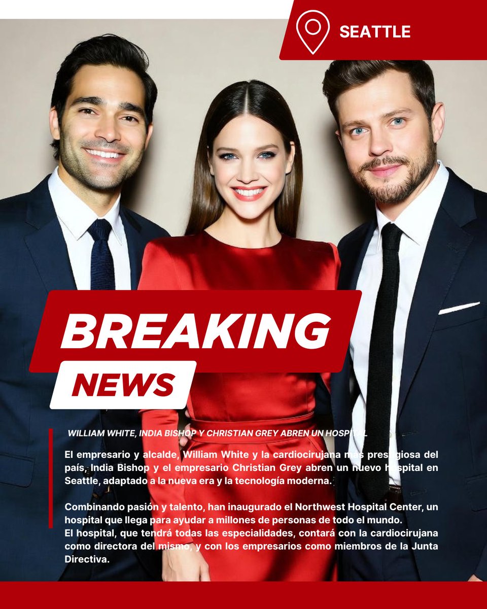 UNTDSTATESRP's tweet image. William White, India Bishop y Christian Grey abren un hospital de última generación. 

Abordará todas las especialidades y contará con la cardiocirujana como directora, teniendo los empresarios y cuñados, voz y voto en la Junta Directiva.

Se han especulado nombres como +