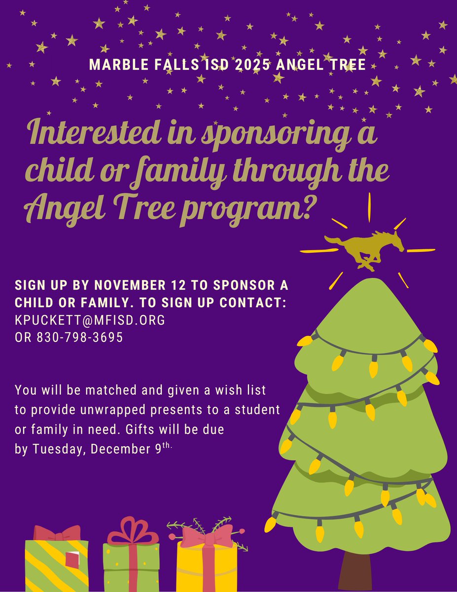 🎁 Angel Tree Sponsorships Needed

The community is invited to sign up to sponsor an MFISD child or family for Christmas. Please email kpuckett@mfisd.org or call 830-798-3695 to sign up.
Sign-up deadline is November 12.