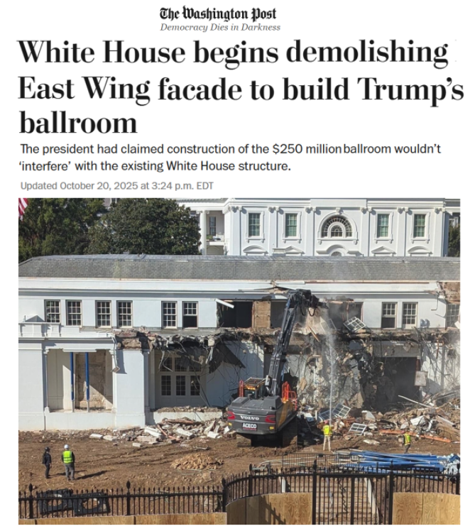MR. "THE ART OF SUCKING AT CONSTRUCTION" IS DESTROYING THE WHITE HOUSE WITH HIS BALLROOM. I WILL SIGN AN EXECUTIVE ORDER TO RENAME IT FROM "THE TRUMP BALLROOM" TO "THE GIANT CASTLE THAT KING ELF BUILT TO MAKE UP FOR HIS ROYAL JEWELS." THANK YOU. - GCN. ("C" IS FOR COLOSSAL)