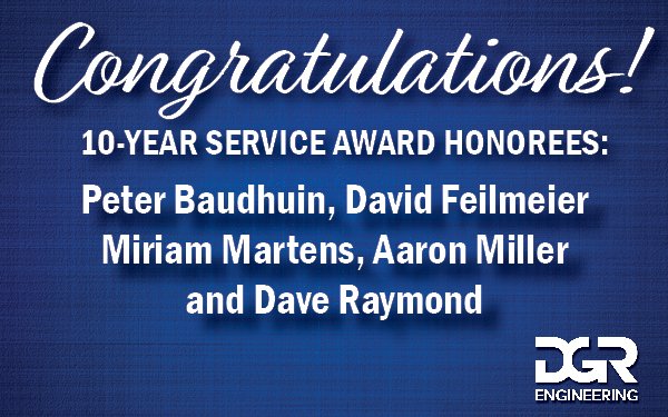 Celebrating a Decade of Dedication! We’re proud to recognize five team members who’ve reached 10 years of service with DGR Engineering. Your commitment makes all the difference. Thank you!  #DGRSolutions dgr.com