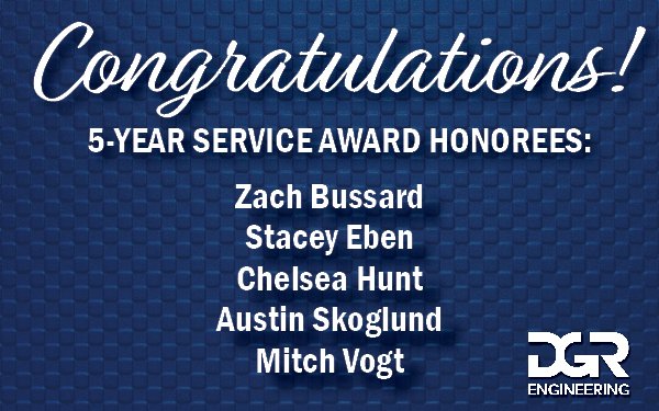Five Fantastic Years! Shoutout to five fantastic team members celebrating five years at DGR Engineering. Your contributions make a difference every day. Here’s to many more milestones ahead. #DGRSolutions dgr.com