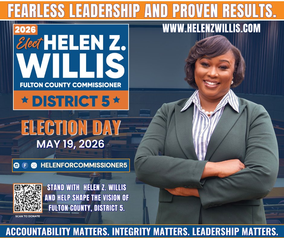 The Fulton County Commission impacts daily life. District 5 needs proven leadership — that’s Helen Willis.

🗓 Election MAY. 19, 2026 

Visit: helenzwillis.com and follow @HelenForCommissioner5.

Donate: secure.actblue.com/donate/hzwsoci…

#HelenWillis #District5Leadership