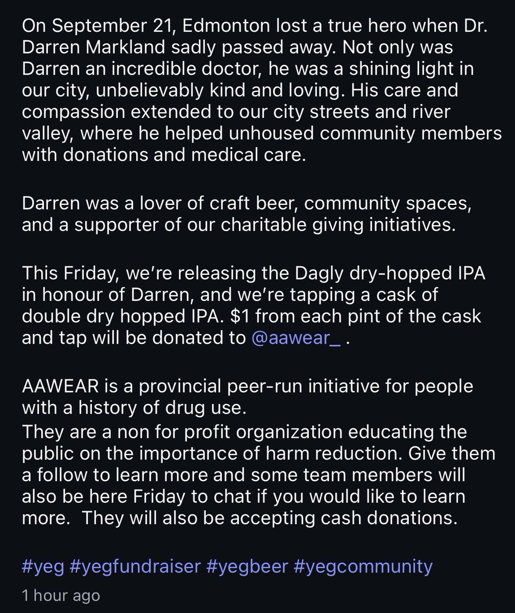 IngleWitch's tweet photo. Join us this Friday @arcadiabrewco to raise a glass to our dear departed friend @drdagly and support a community he advocated for tirelessly #YEGBike @coffee_outside https://t.co/H9DFFIUuWO