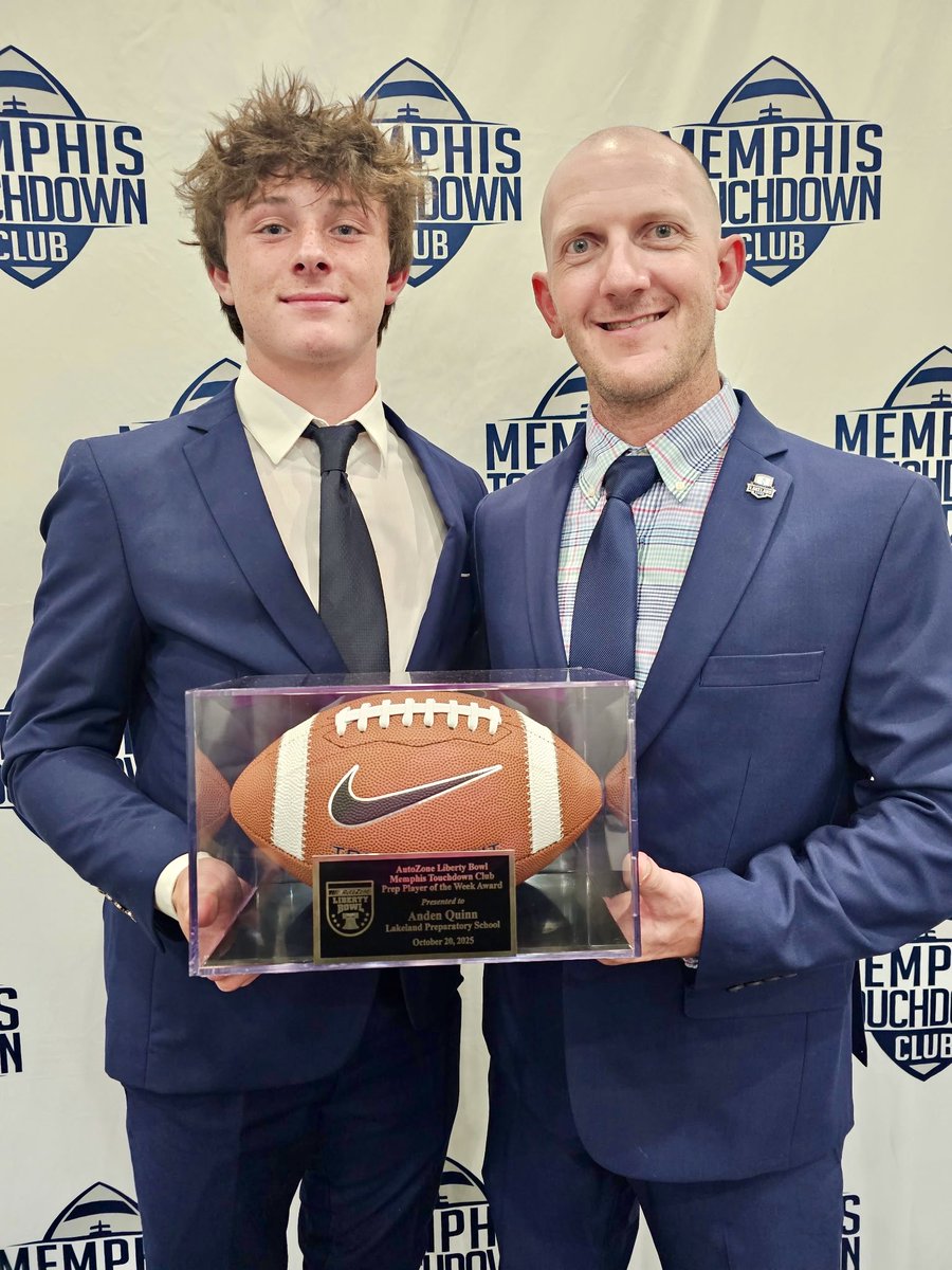 AutoZone Liberty Bowl (@azolibertybowl) on Twitter photo Congrats to Lakeland Prep WR, Anden Quinn, this week’s @AutoZone Liberty Bowl Prep Player of the Week from the <a href="/TDClubMemphis/">Memphis Touchdown Club</a>.
Pictured with <a href="/Anden_Quinn/">Anden Quinn</a> is his Head Coach, Tyler White (<a href="/coach_twhite/">Tyler White</a>). Congrats Anden! Congrats to Lakeland Prep WR, Anden Quinn, this week’s @AutoZone Liberty Bowl Prep Player of the Week from the <a href="/TDClubMemphis/">Memphis Touchdown Club</a>.
Pictured with <a href="/Anden_Quinn/">Anden Quinn</a> is his Head Coach, Tyler White (<a href="/coach_twhite/">Tyler White</a>). Congrats Anden!