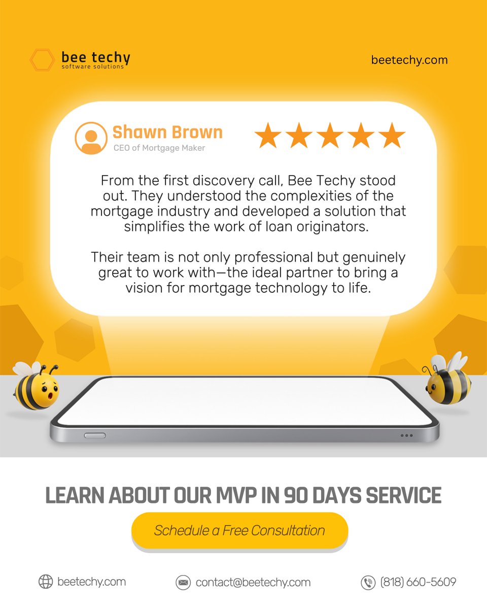 beetechyllc's tweet image. “Bee Techy simplified complex mortgage workflows and delivered results.” 🏡
- Shawn Brown, CEO of Mortgage Maker
💡 Learn more about our 90-Day MVP service → beetechy.com
#BeeTechy #ClientReview #Fintech #MortgageTech #StartupLife