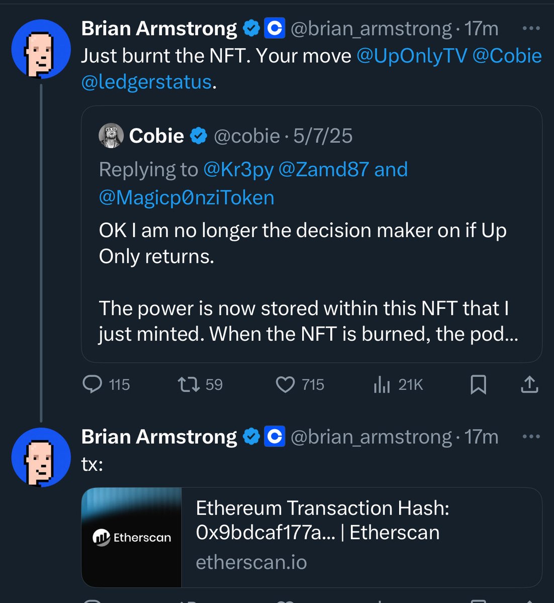 Kinda excited to see how this unfolds as Cobie’s Up Only podcast NFT sold for $25M. Up Only was paused and would restart if the nft was burned, which Brian A purchased and burnt. 

Let’s see what they come up with for 8 episodes, content changer maybe?
