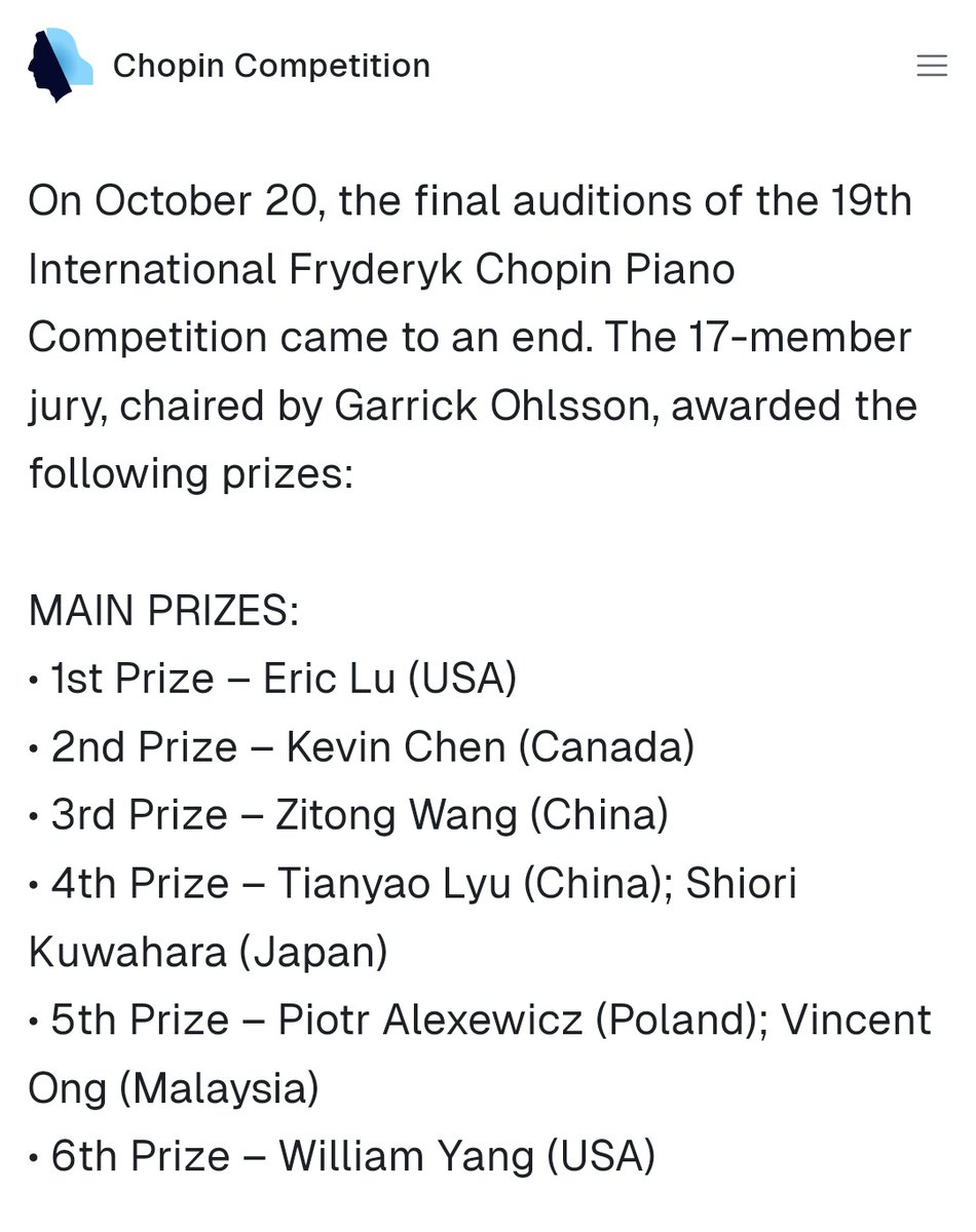 Malaysia now has her very own Chopin Competition prize winner! Vincent Ong from Penang won 5th prize in this very prestigious piano event 🎉

His performance in the third round was much applauded for his elegance and unique interpretation:
youtu.be/jN8y20xwVp4?si…