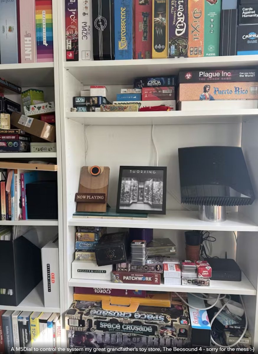 M5Stack's tweet photo. 🎵 Poorman's M5Stack-based Multiroom Stereo — #Retro hi‑fi vibes in a smart, low‑cost setup 💡
Made by Esben Thorving, Built with #M5StackDial v1.1 + #NanoC6, this system uses #ESPNOW 📡 & #IR commands to control Bang & Olufsen #BeoLink speakers across rooms.

Supports #Spotify playback 🎶, volume control via rotary knob, and album selection with #RFID ‑tagged #miniCDs 💿 for a tactile, 90's‑style experience.

🏆 3rd Prize in M5Stack Innovation Contest 2025
👉 See more about the project on https://t.co/pl1RCuGzc9:  https://t.co/cbaUJE1WSx

#M5Stack #MultiroomAudio #IoT #ESP32 #BangOlufsen #MakerProjects #M5StackInnovationContest
