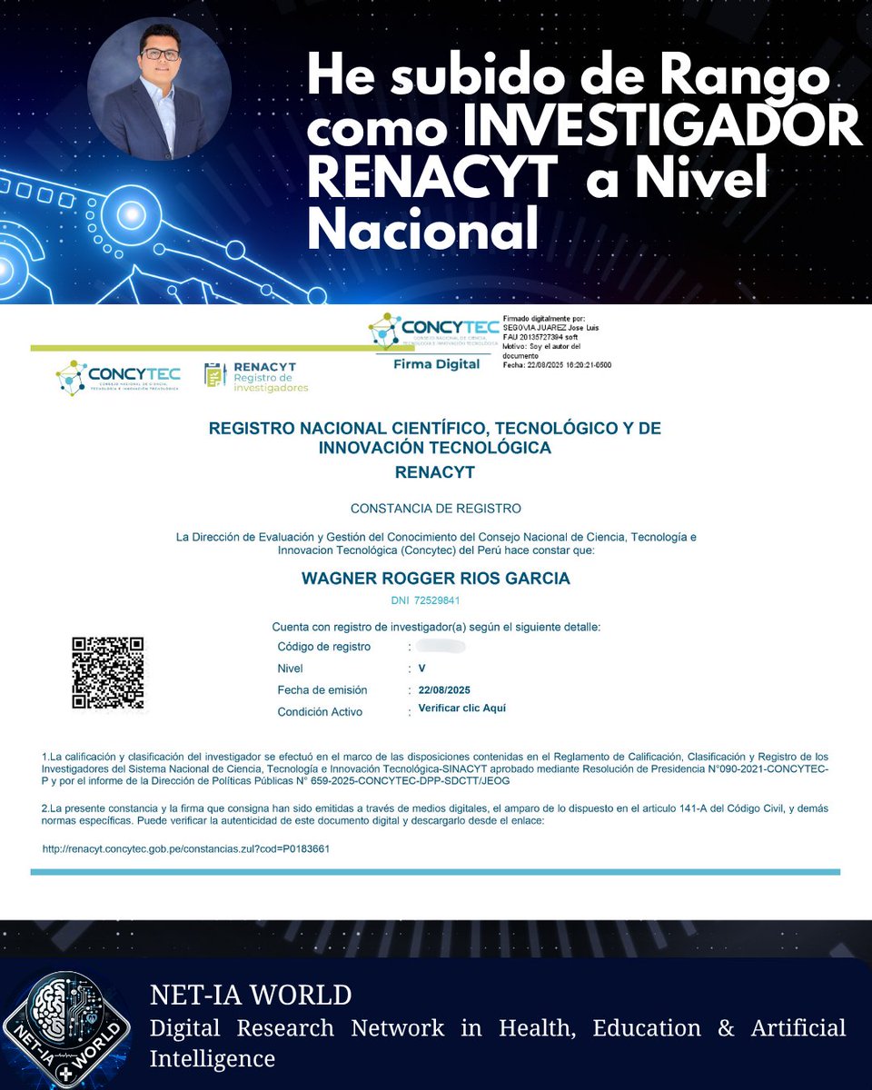 I have been recognized as a RENACYT Level V Researcher at the national level! 🇵🇪🔬
I am thrilled to share that I have reached a new category in my profile as a Peruvian researcher, still as a medical student. This achievement is the result of effort, perseverance. 

#research