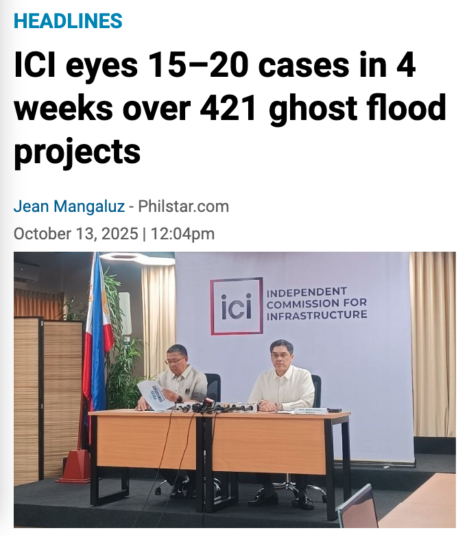 panagutinph's tweet photo. Ayon sa ICI noong Oct 13, magfifile daw sila ng 15-20 cases laban sa mga sangkot sa 421 ghost flood control projects, sa loob ng 4 weeks (~Nov 10).

Pwes, gawan din natin ng countdown.

Nakabantay ang taumbayan, ICI — timer starts now.

https://t.co/7F1yCFqsyv https://t.co/Srv0F7Mt2T