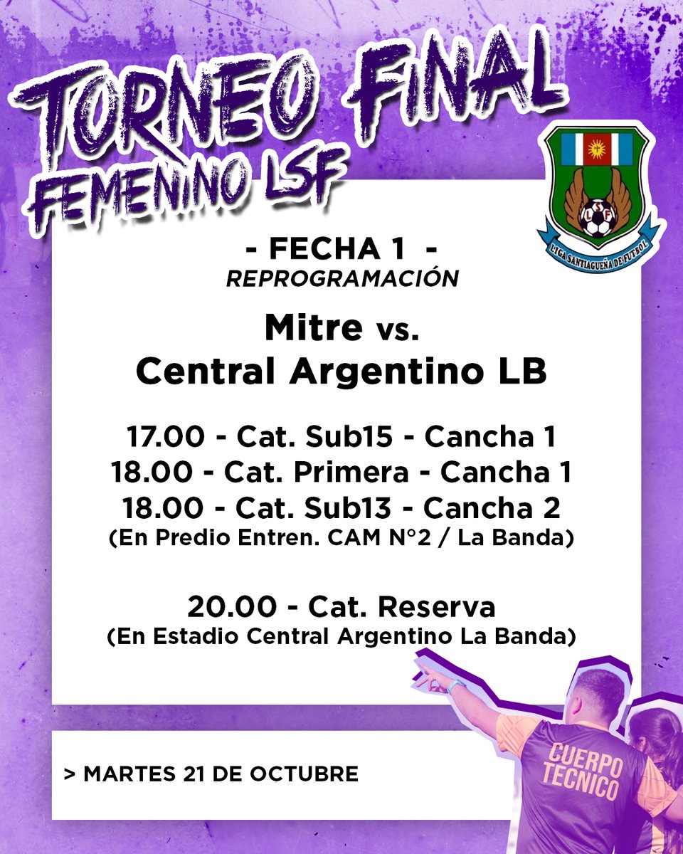 #FemeninoLSF  ⚽️🏃‍♀️ / MARTES DE FEMENINO

Mañana martes 21/10 se jugará el encuentro suspendido entre Mitre vs. Central Argentino LB, para completar la Fecha 1, bajo la siguiente programación ⬇️