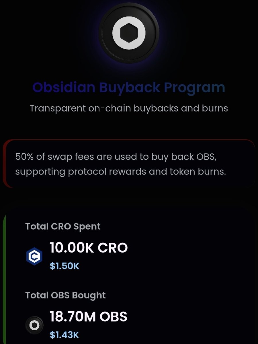 $OBS is built to burn. Literally.

Every project earning royalties contributes. 50% of every royalty claim gets swapped for $OBS and burned on-chain, permanently reducing supply.

     Plus: 50% of all fees from swaps, borrowing &amp; lending, and @ROBINSTR royalties = buybacks from