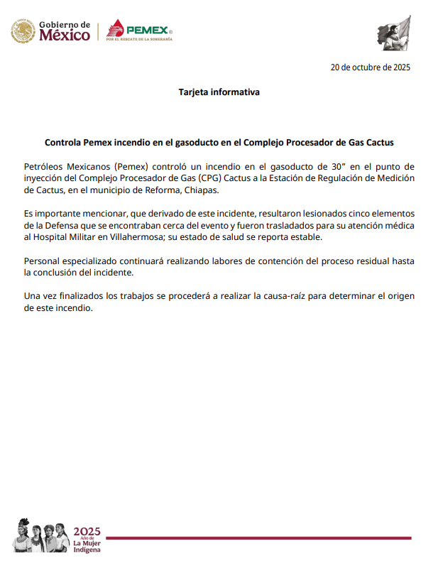 Petróleos Mexicanos (@pemex) on Twitter photo 📍Controla Pemex incendio en el gasoducto en el Complejo Procesador de Gas Cactus
Tarjeta Informativa: pemex.com/saladeprensa/d… 📍Controla Pemex incendio en el gasoducto en el Complejo Procesador de Gas Cactus
Tarjeta Informativa: pemex.com/saladeprensa/d…