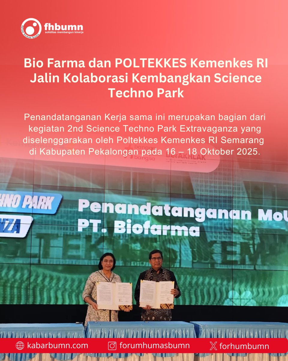 ForHumBUMN's tweet image. Acara penandatanganan MoU berlangsung 18 Oktober 2025 di Gedung STP Poltekkes Kemenkes, Kabupaten Pekalongan. Penandatanganan perjanjian ini dilakukan oleh Direktur Produksi & Supply Chain Bio Farma, Sri Harsi Teteki dan Plt. Direktur Poltekkes Kemenkes RI Semarang, Sugiyanto.