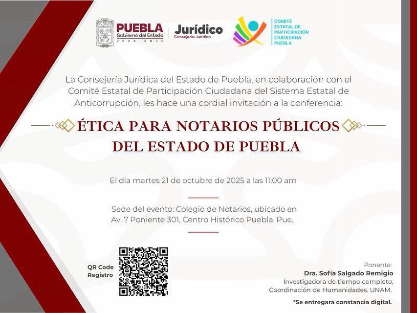 ¿Sabes que la tuncion
Notarial es muy importante en la vida jurídica de la sociedad? Por eso, el <a href="/cepcpuebla/">Comité de Participación Ciudadana Puebla</a> y la Consejería Jurídica del <a href="/gobierno/">gobierno</a>, organizamos la Conferencia "Ética para Notarios Públicos del Estado de Puebla".

Si te interesa, regístrate en el QR.