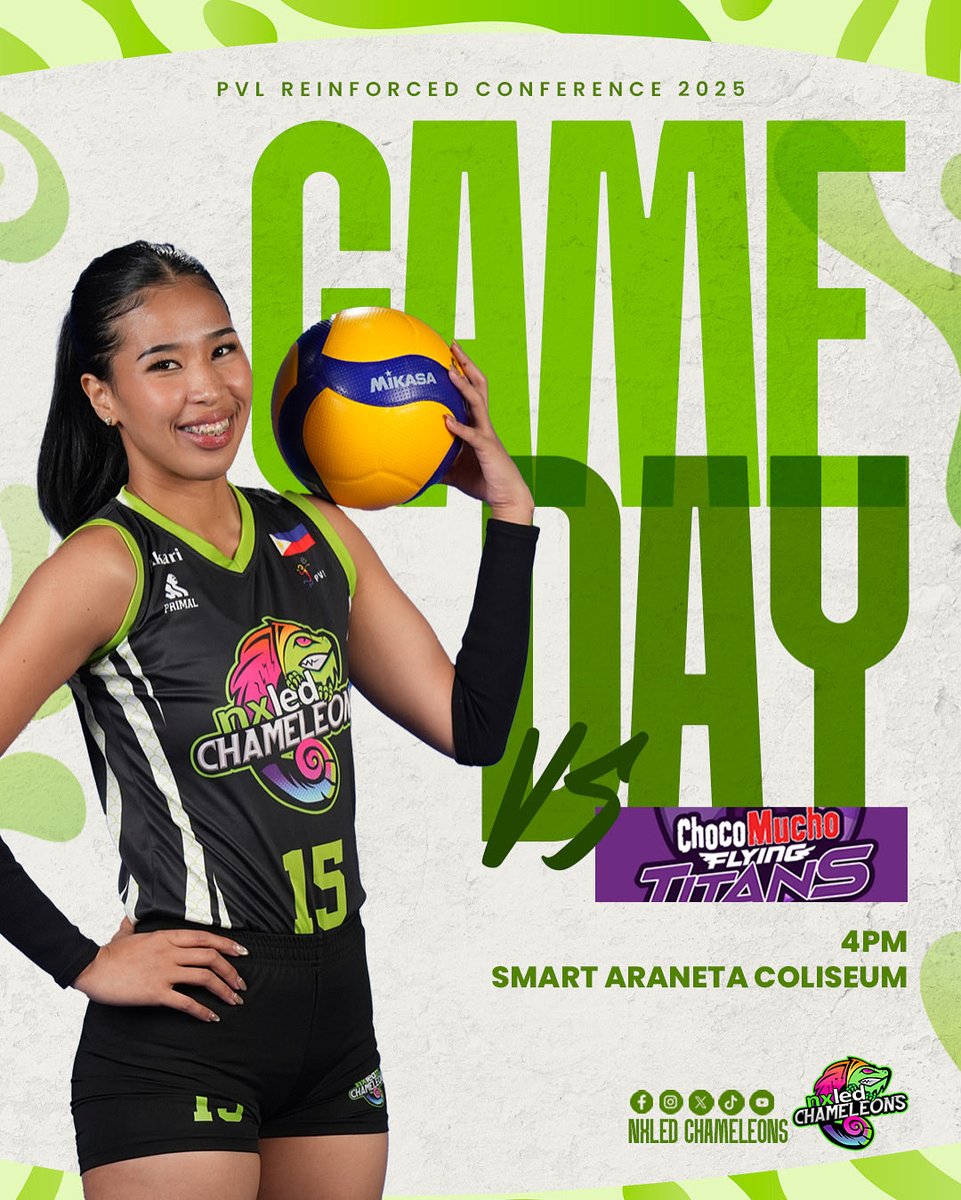 BACK IN CUBAO FOR A COSMIC COLLISION 💥

🆚 Choco Mucho Flying Titans
📍 Smart Araneta Coliseum
🗓️ Tuesday, October 21
⏰ 4PM

Keep showing your support for our team, #NxledNation! Tuloy ang laban! Kitakits in green! 💚

#NxledChameleons #PVL2025 🌟🦎🌈

📸: Cignal