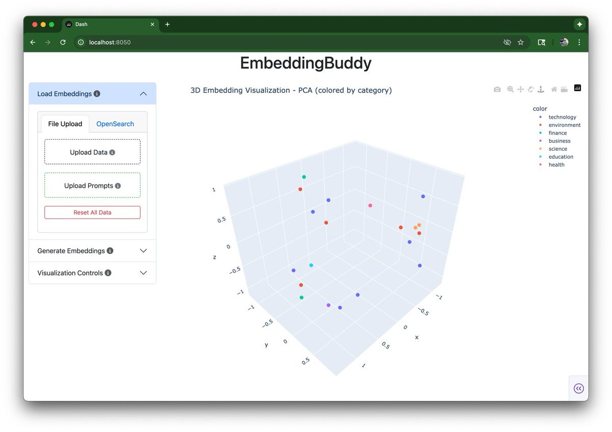 godber's tweet photo. Have you ever wanted to visualize embedding vectors you have generated?  Try Embedding Buddy!  It’s definitely got rough edges but it might be useful to you.  Give it a whirl.

#python #opensource #programming #machinelearning #embeddingbuddy

https://t.co/ZhxuIAE83g https://t.co/6pX4Jmsz7S