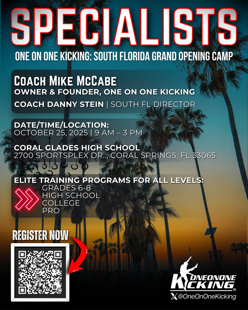 FREE camp OCT 25 -South Florida Grand Opening.  looking for players to train and change your life. We will recruit for you to get College visits and offers.  <a href="/_Mike_McCabe/">Coach Mike McCabe</a> <a href="/thedawsonzim/">Dawson Zimmerman</a>  
#OneOnOneKickingSouthFlorida #OneOnOneTrained 
<a href="/OneOnOne_SFL/">OneOnOneKickingSouthFlorida</a>

oneononekickingcamps.com/locations/sout…