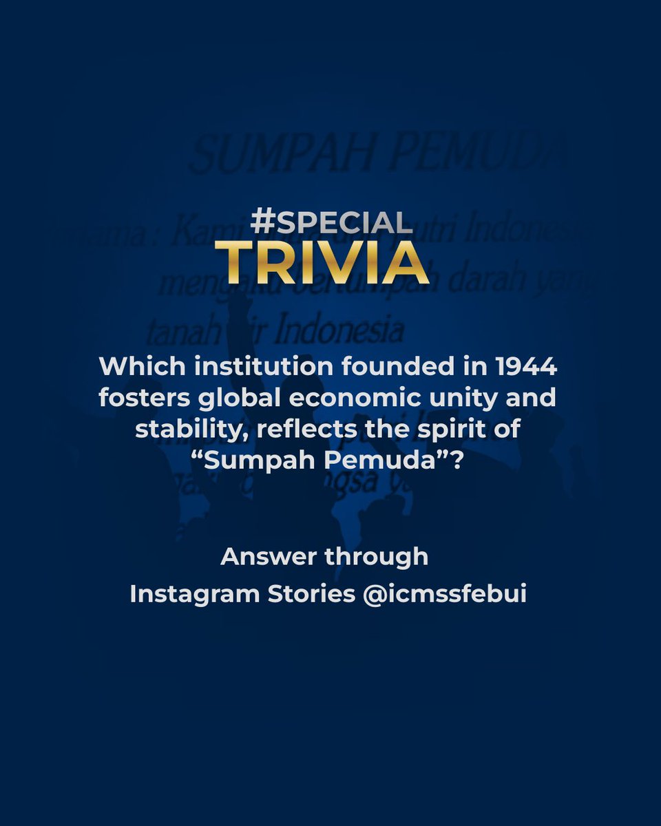 ICMSSFEBUI's tweet image. Greetings, Young Investors!

Getting into the spirit of Hari Sumpah Pemuda, take part in our #SpecialTrivia Sumpah Pemuda Edition! Test your knowledge and commemorate this significant milestone in Indonesia’s history.

Check out our Instagram Stories (@icmssfebui) to answer!