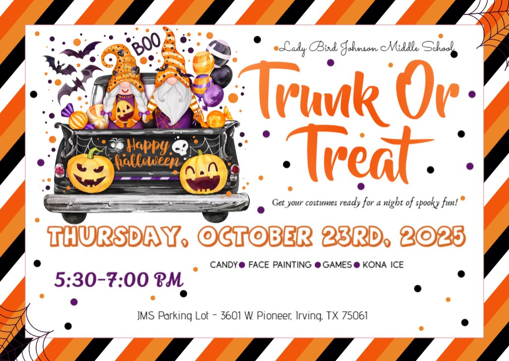 netzeroJMS's tweet image. JMS are you ready?! Get your best #Halloween costume ready - and treats - and join us for our annual #trunkortreat-THIS THURSDAY- Oct. 23
5:30 to 7 pm Candy 🍬 donations now being accepted! @netzerojms @irvingisd