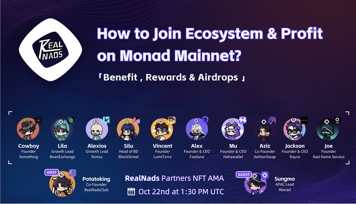 RealNadsClub's tweet image. Diving into Monad ecosystem?
Profit? Rewards? Airdrops?

🗓️ Oct 22 | 1:30 PM UTC on X Space 
x.com/i/spaces/1ynJO…

🎙️ Hosted by @RealNadsClub &amp;amp; Guest @sungmo_nad the APAC Lead

Featuring our partners:
@0xFastLane  @LumiterraGame  @BlockSt_HQ 
@haha_app  @Kintsu_xyz…