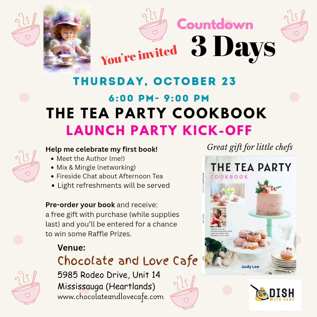 JudyL_88's tweet image. Join me for the kickoff of my new #teaparty #cookbook on Thursday, Oct 23rd, 6 - 9 pm at Chocolate and Love Cafe. Pre-order your book and receive a free gift with purchase. Fireside chat, refreshments, and raffle prizes!  #afternoontea