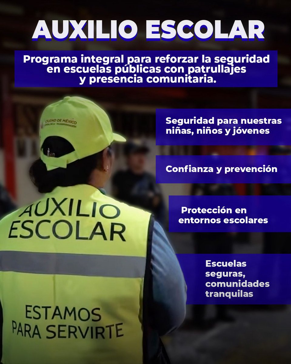 Con el programa #AuxilioEscolar fortalecemos nuestras escuelas para que sean lugares seguros. Creamos confianza, cuidamos a las y los estudiantes y prevenimos riesgos. Así logramos comunidades tranquilas y protegidas en la #CapitalDeLaTransformación.