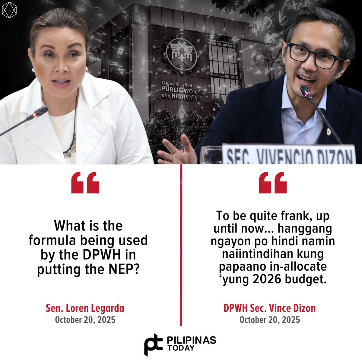 PilipinasToday_'s tweet photo. Ito ang naging tugon ni Department of Public Works and Highways (DPWH) Secretary Vince Dizon sa tanong ni Sen. Loren Legarda tungkol sa batayan o “formula” na ginamit ng ahensya sa pagtatalaga ng pondo sa ilalim ng National Expenditure Program (NEP).

“Kasi may isang probinsya, ayaw ko naman banggitin ‘no. Kilala ko rin ‘yung cong[ressman]. Ang liit-liit ng probinsya, ang laki ng budget sa NEP,” sabi ni Sen. Legarda.

Tugon naman ni Sec. Dizon, “There is this formula, supposedly, parang metric formula... but we really cannot understand it.”

“We will make the formula simpler, more straightforward, and will really be responsive to the needs of the community and thereby making it more equitable,” pangako naman ng kalihim.

#PilipinasToday
#VinceDizon
#LorenLegarda
#DPWH #2026Budget #NEP
#NationalExpenditureProgram