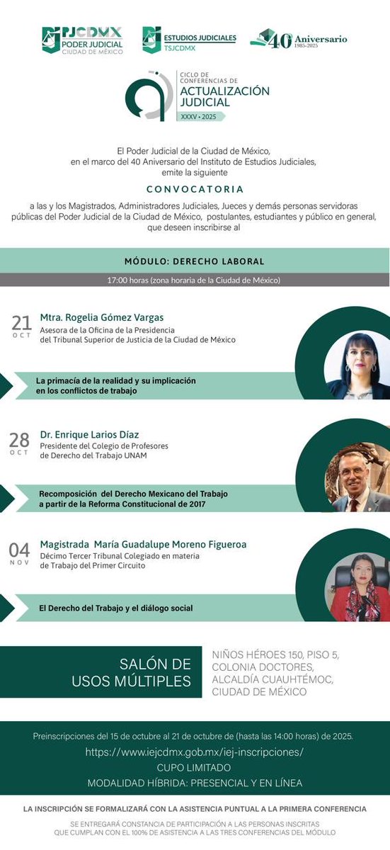 🔉 Acá los espero ⤵️

❇️ La primacía de la realidad y su implicación en los conflictos de trabajo. 

💻 Inscripciones 👉🏻 iejcdmx.gob.mx/iej-inscripcio…
