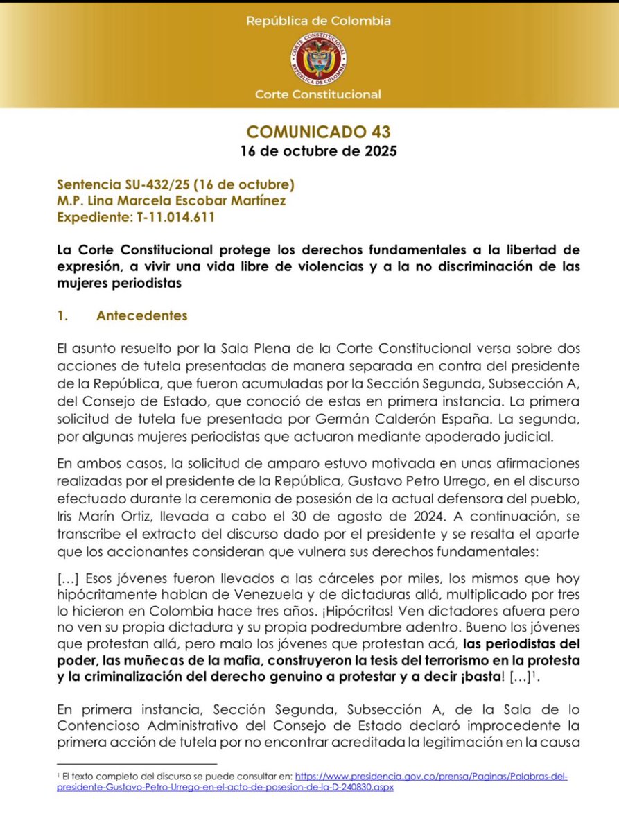 #Atención

La Corte Constitucional le da 5 días al presidente para que presente excusas públicas a las mujeres periodistas que llamó “las muñecas de la mafia” y se retracte de la declaración. 

Es una tutela de 17 mujeres periodistas, El Veinte y la FLIP. 

Via <a href="/BluRadioCo/">BluRadio Colombia</a>