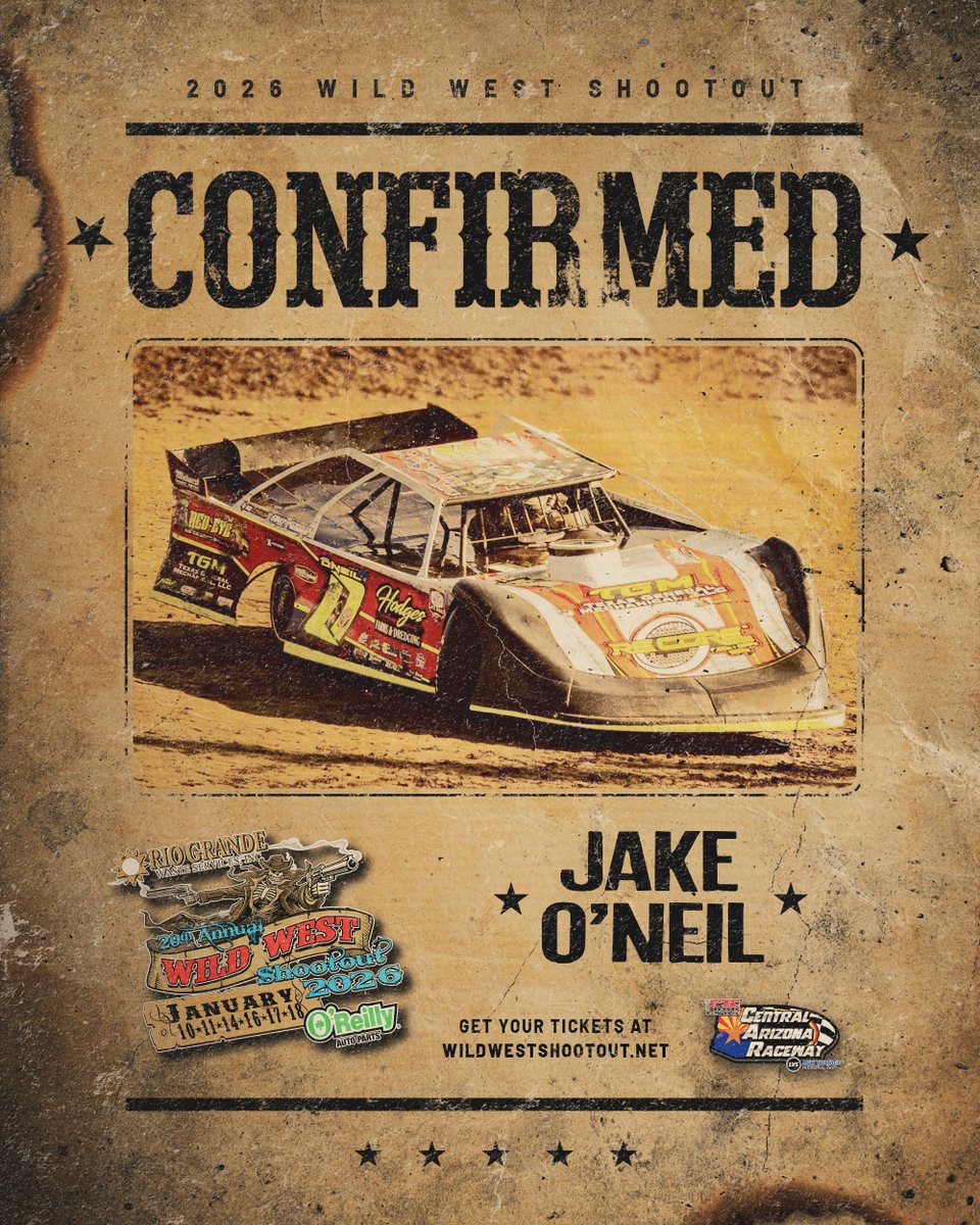 𝗛𝗘𝗔𝗗𝗘𝗗 𝗧𝗢 𝗧𝗛𝗘 𝗗𝗘𝗦𝗘𝗥𝗧! 🔥 Tucson native &amp; Modified standout Jake O'Neil will take on the Super Late Model field at the 2026 #WildWestShootout, looking to defend his home turf at Central Arizona Raceway! 🏁

🎟️Tickets: WildWestShootout.net
#WWS2026 #ArizonaDirt