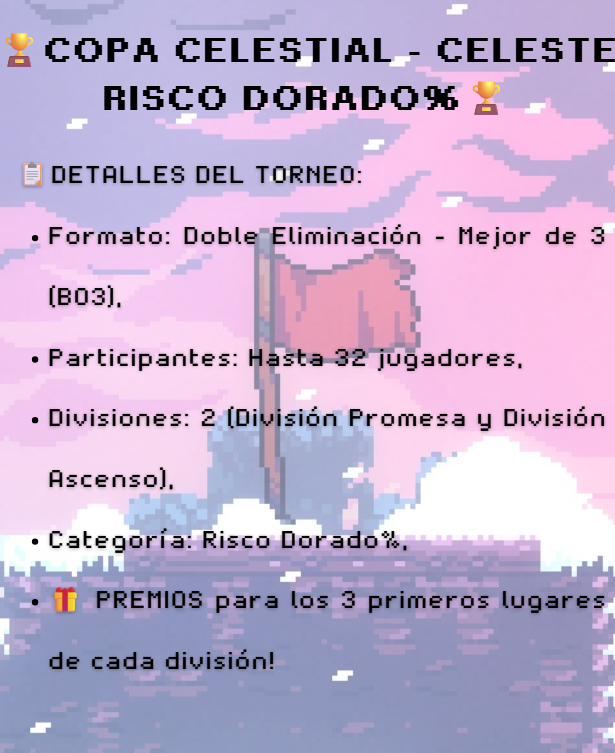 SpeedrunsCL's tweet photo. 🚨ATENCIÓN🚨
De parte de nuestra amiga @acarolinew se presenta la  🏆COPA CELESTIAL - CELESTE RISCO DORADO% 🏆

¿Listo para demostrar tus habilidades? 
 Inscríbete en https://t.co/laRdypxAiO 
Retransmisión 📷: https://t.co/8dpTn0hjai

¡Nos vemos en la montaña! ⛰️ https://t.co/4jHcAQ2Rbv