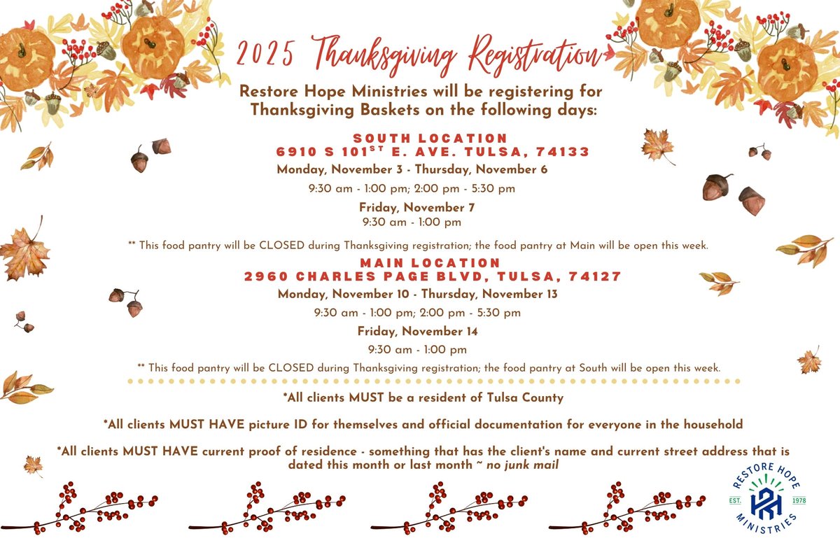 Details for this year's Thanksgiving Basket Registration are out! NOTE: Pickup will be November 25 or 26 NOT the day you register!