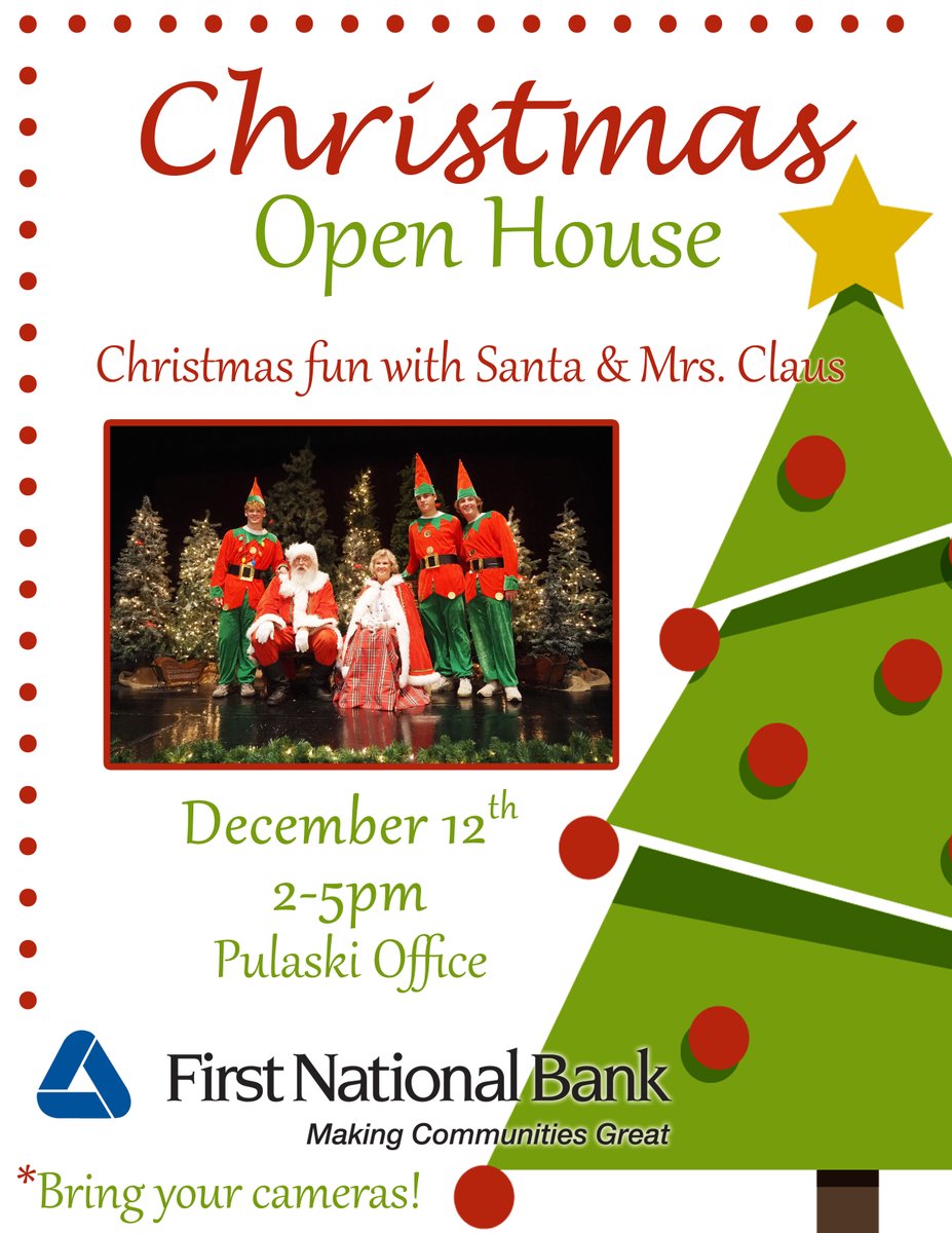 SAVE THE DATE! ~ Please join us at our Pulaski Location for our Christmas Open House w/Santa &amp; Mrs. Claus! All are invited to come enjoy refreshments, then meet &amp; greet with Santa &amp; Mrs. Claus in our Theatre (Be sure to bring your cameras!)