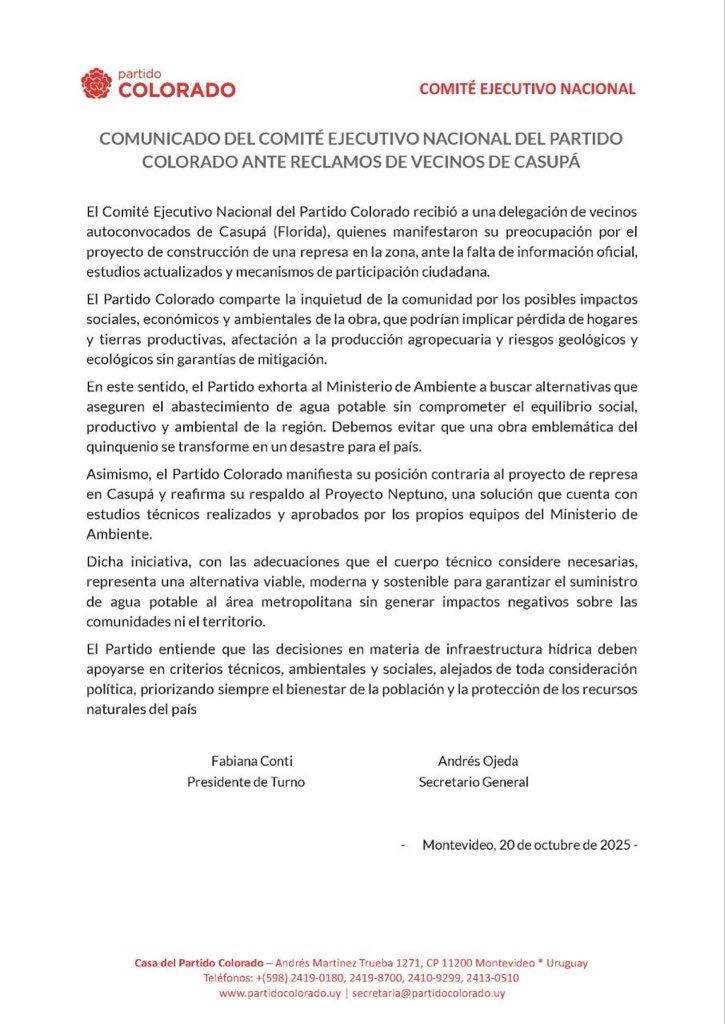 🟥 El Partido Colorado expresa su preocupación por la represa en Casupá.
Nos sumamos al reclamo de vecinos ante posibles impactos ambientales y sociales.
Apoyamos alternativas como el Proyecto Neptuno: sostenible y sin afectar comunidades.
