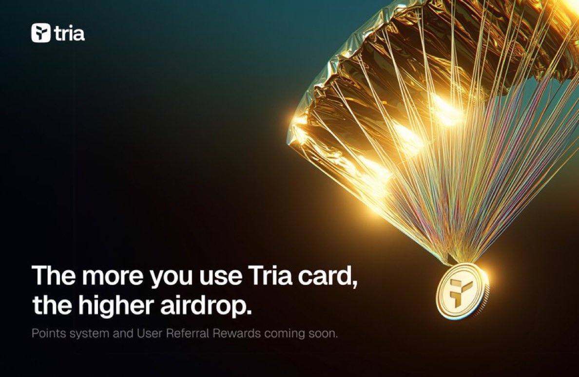 Real payments. Real yield.
Use your Tria card, stack benefits, own your rewards.
Points &amp; referrals coming soon 👀 
Every swipe of your Tria card boosts your on-chain edge.

stack benefits, own your rewards <a href="/useTria/">Tria</a>