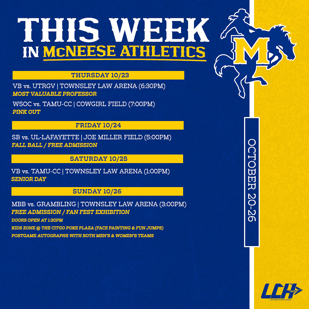 This Week in McNeese Athletics 🤠
October 20-26

<a href="/McNeeseMBB/">McNeese Men’s Basketball</a> returns to the court this coming Sunday! 

#GeauxPokes
