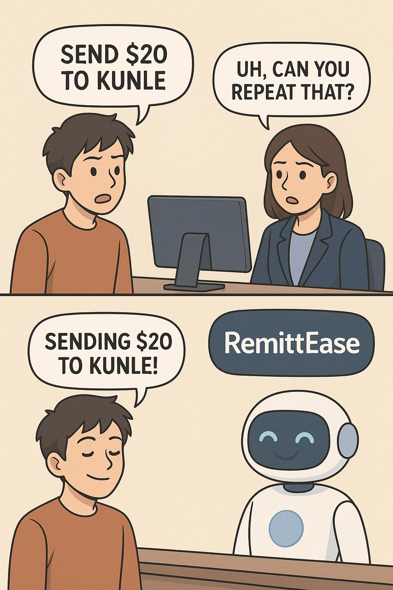 quami_web3's tweet image. Another Entry for #MemeMonday

Teller:Uh, can you repeat that?’ 😕
@remitt_ease AI: ‘Sending $20 to Kunle ✅’
No stress. No delay. Just smart transfers made easy. 💸
#Mainnetsoon #Web3payment #RemittEase