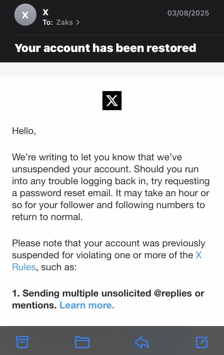 Chwezison's tweet image. **X&apos;s OWN EMAIL** - Aug 3 reinstatement:

&quot;After thorough review, your account has been restored&quot;

**4 DAYS LATER** → banned again? 

**@Premium @Support**: Fix this NOW. Paying customer needs account back.

DM for case details
[4/4] #XBias #PremiumSupport
