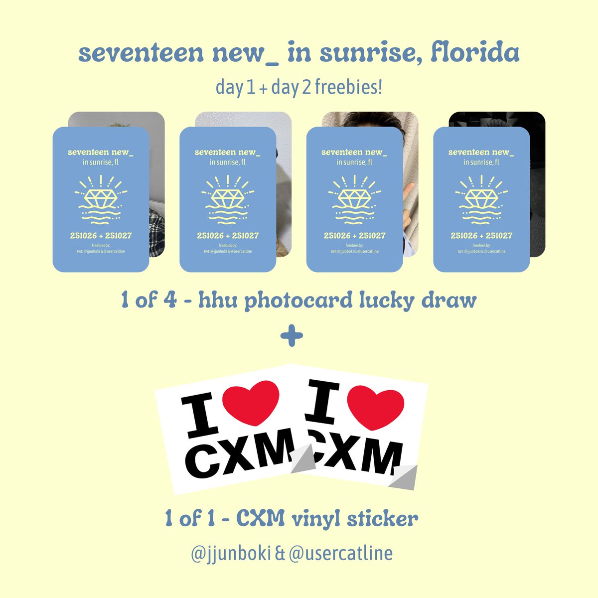 seventeen in sunrise, florida freebies w/ <a href="/usercatline/">ema⁷</a> !! 💎☀️

- day 1 + day 2 (if we have leftovers)
- trades open but not required! <3

#SVT_WORLDTOUR #SEVENTEEN_NEW_IN_SUNRISE