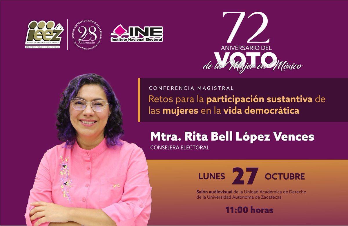 IEEZcs's tweet image. 💜 ¡Celebramos 72 años del voto de las mujeres en México! 💜

Te invitamos a la conferencia magistral:
🎙️ “Retos para la participación sustantiva de las mujeres en la vida democrática”
📅 Lunes 27 de octubre | 🕚 11:00 h
📍 Salón Audiovisual, Unidad Académica de Derecho, UAZ