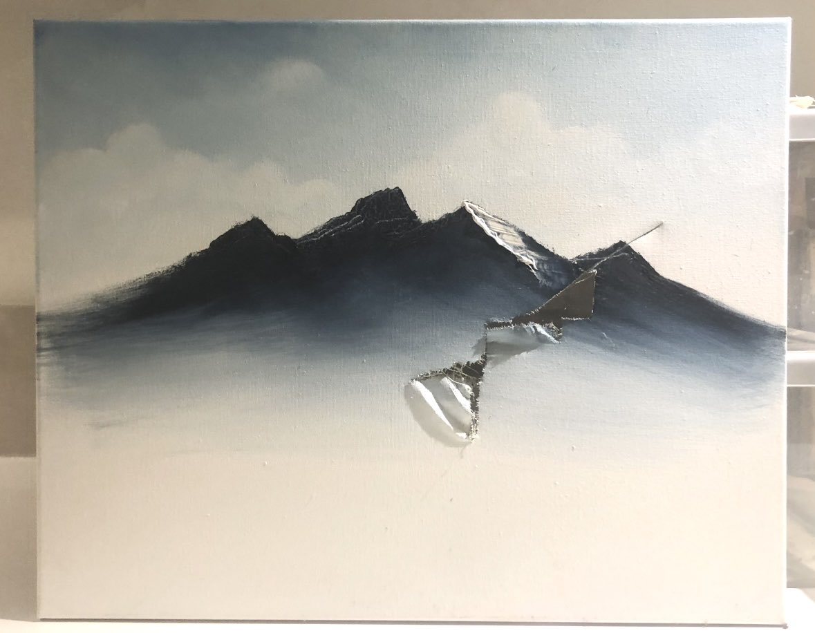 I’ve just found the canvas where I attempted a Bob Ross painting during lockdown. I got cross and used the palette knife in a way Bob doesn’t recommend