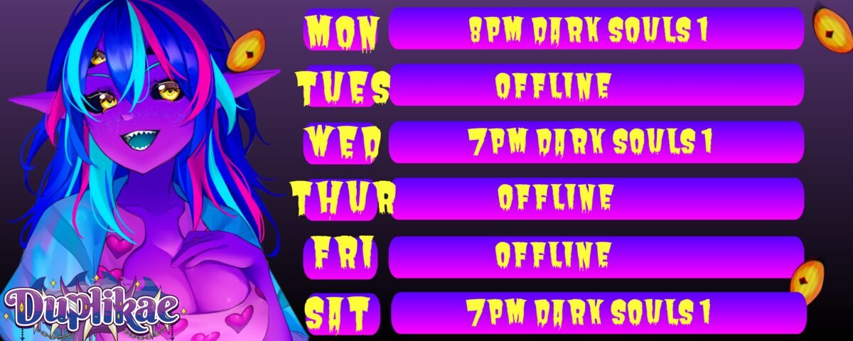 I'm not a day late this time! New stream schedule for the week 💜
Remember, you can catch my stream on X, Twitch and Kick! Also will be streaming on YouTube verrrrrry soon.