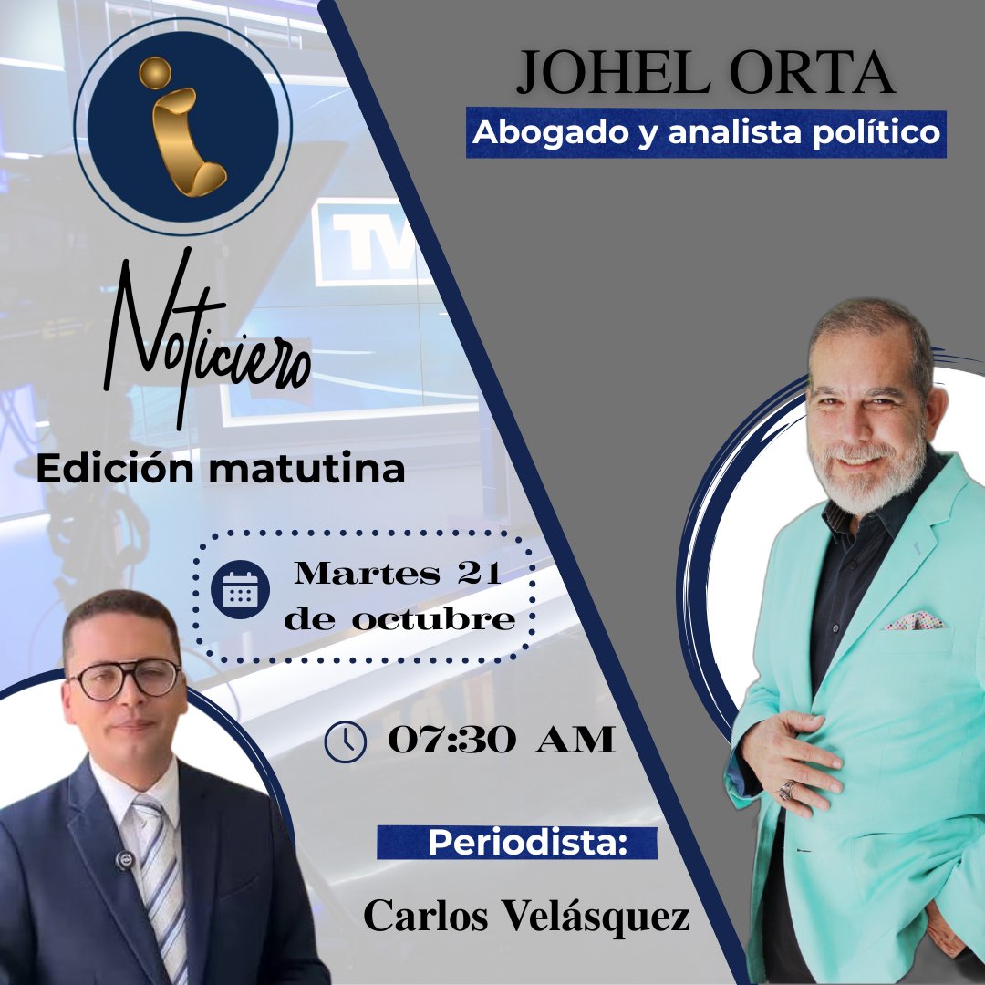 JohelOrtaM's tweet image. Este martes 21 de Octubre, tienes una cita en el canal i (@canal_i), a las 7:30 de la mañana, donde estaré conversando con la periodista (@cevelasquezr) en el programa "Noticiero edición matutina".
¡No te lo pierdas!
#canali #programa #analisispolitico #venezuela #johelorta