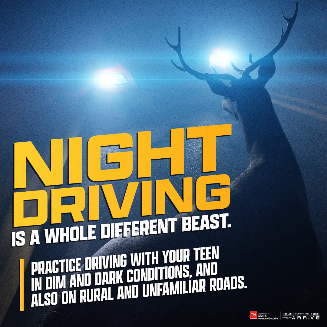 Practice driving with your teen in a variety of situations and road conditions, so they can be prepared for the unexpected when they’re out driving on their own.

Learn more about Tennessee’s Graduated Driver License program: hubs.la/Q03Ppqnm0