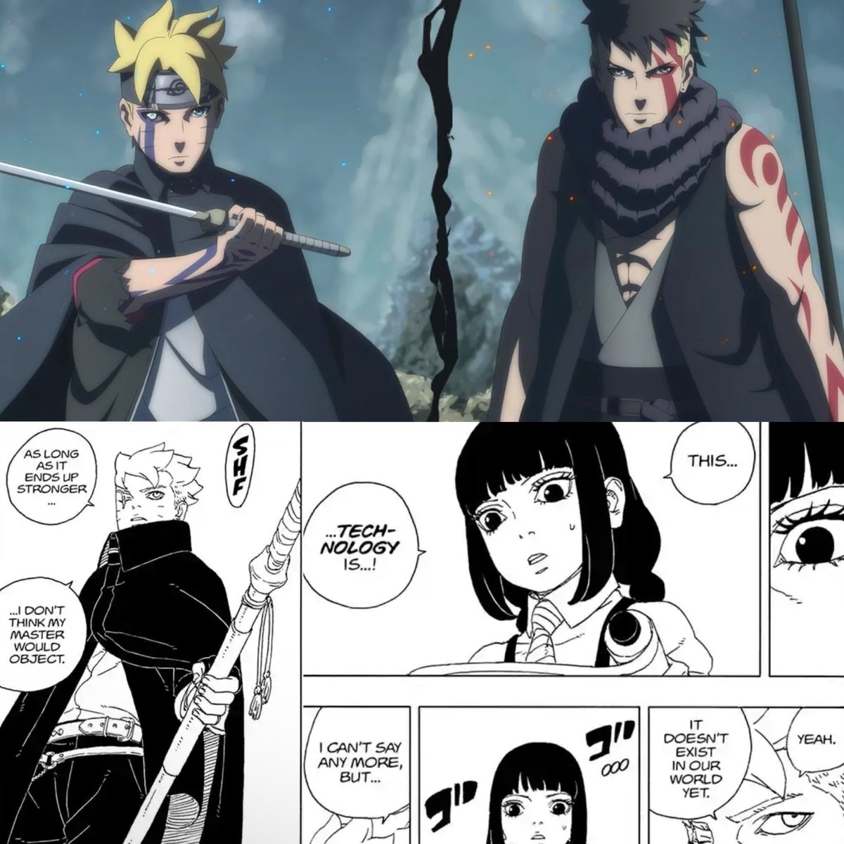 So now it’s starting to make more sense on why Kawaki clashed with Boruto’s sword at the beginning scene of them fighting and can’t shrink it