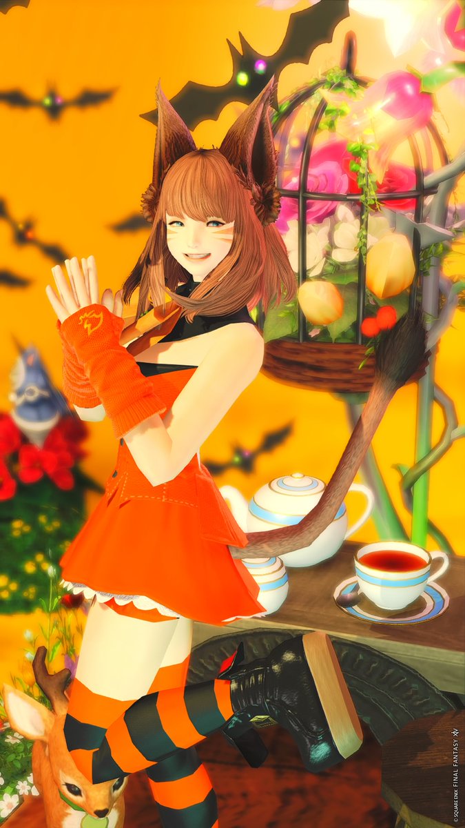 おはミコ～🌻 
#てんの身だしなみ vol.290

🎃Tea time Halloween🎃

乁( ˙ω˙ 乁)がおー(๑&gt;⌓&lt;๑)ｶﾞｵｰ

studio #HamtaroHousing 

ｳﾞｨﾈｯﾄ風ハロウィンスタジオが
すごく可愛かった❤️

朝から寒いけど元気出していこ～😆
#FF14 #FF14SS #FFXIV 
#おはミコ #ミコッテ #GPOSERS