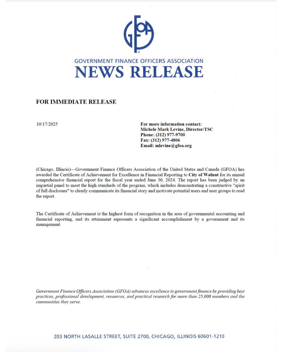 🏆 City of Walnut Finance Department Receives National Recognition! 🏆

We’re proud to announce that the Government Finance Officers Association (GFOA) has awarded the Certificate of Achievement for Excellence in Financial Reporting to the City of Walnut!

See below for details.