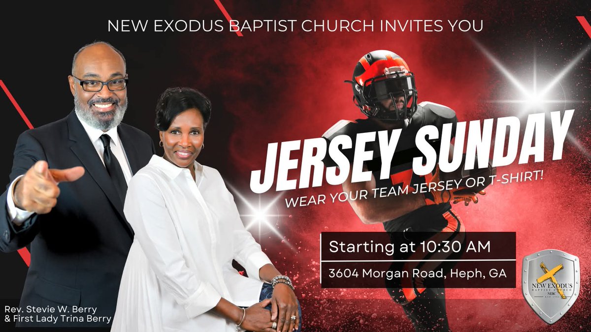exodus_baptist's tweet image. Sunday, October 26, 2025, is Jersey Sunday! 🏈⚾🏀 

Wear your favorite team jersey or t-shirt and join us for a great time of worship and fellowship. Let’s show off our team spirit together. See you on Sunday!